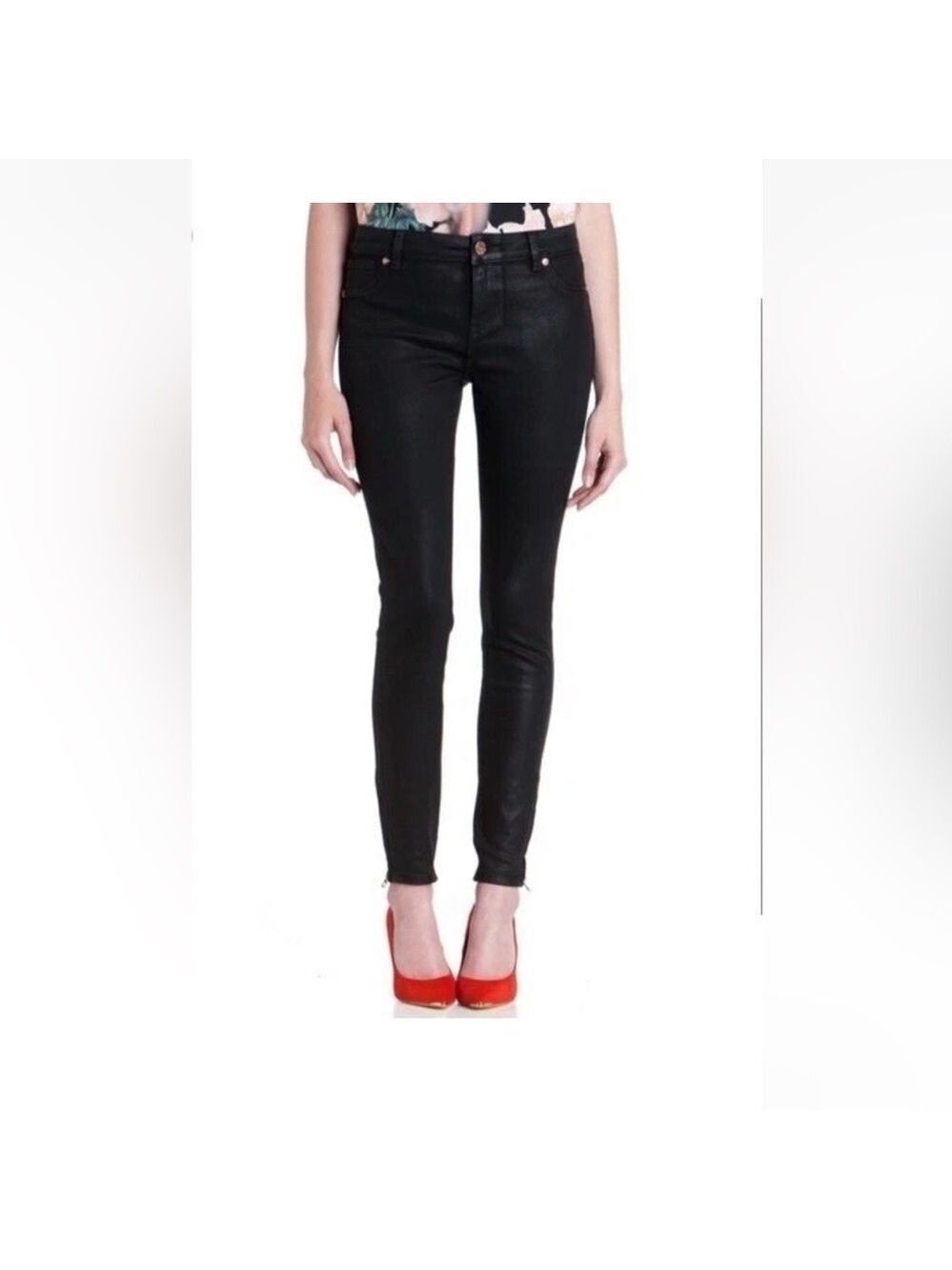 Ted Baker Annna Black Wax Finish Stretch Ankle Zip Jeans Sz 30
